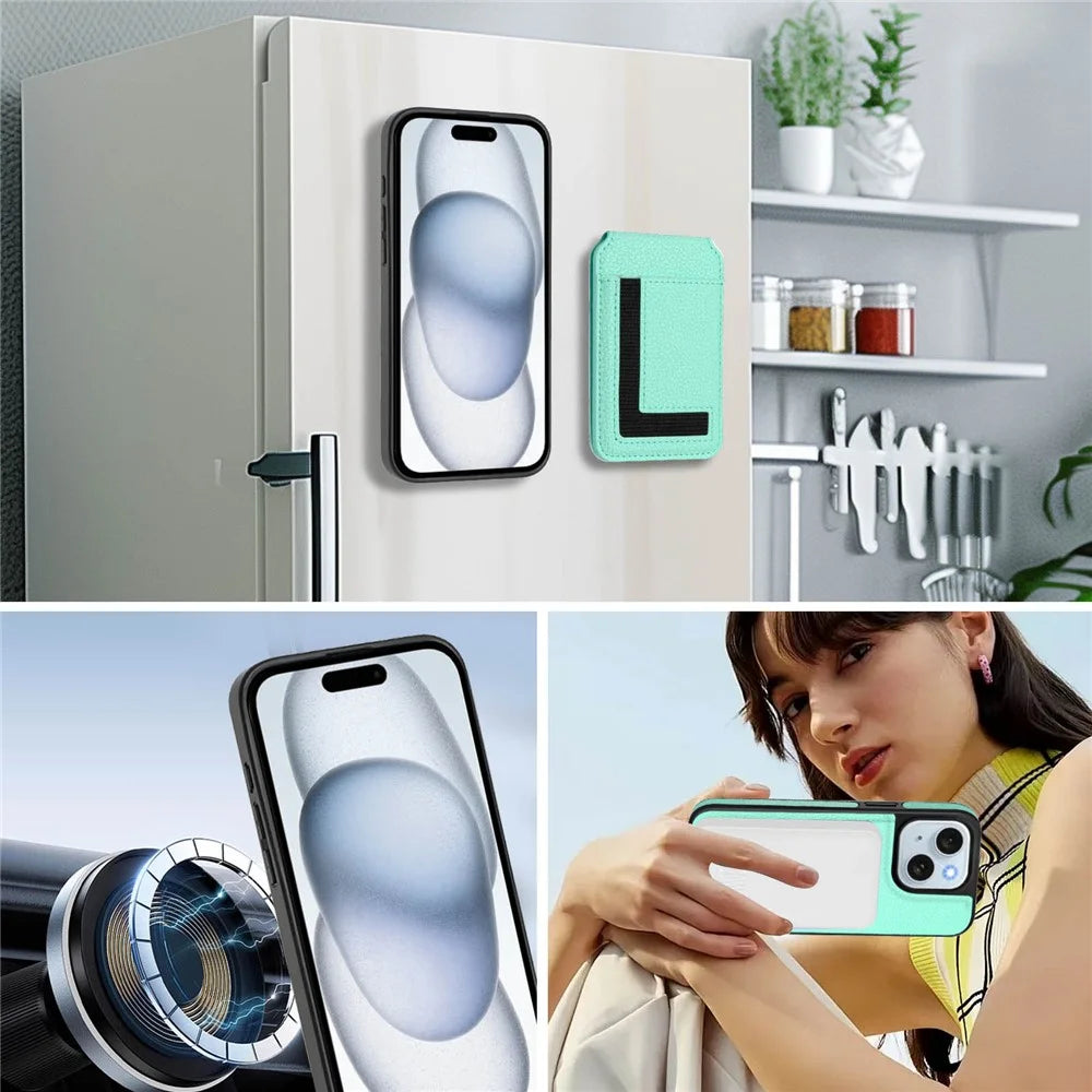 For iPhone 15 Magnetic Case TPU + PU Leather Phone Back Cover with Detachable Card Holder - Mint Green - 7