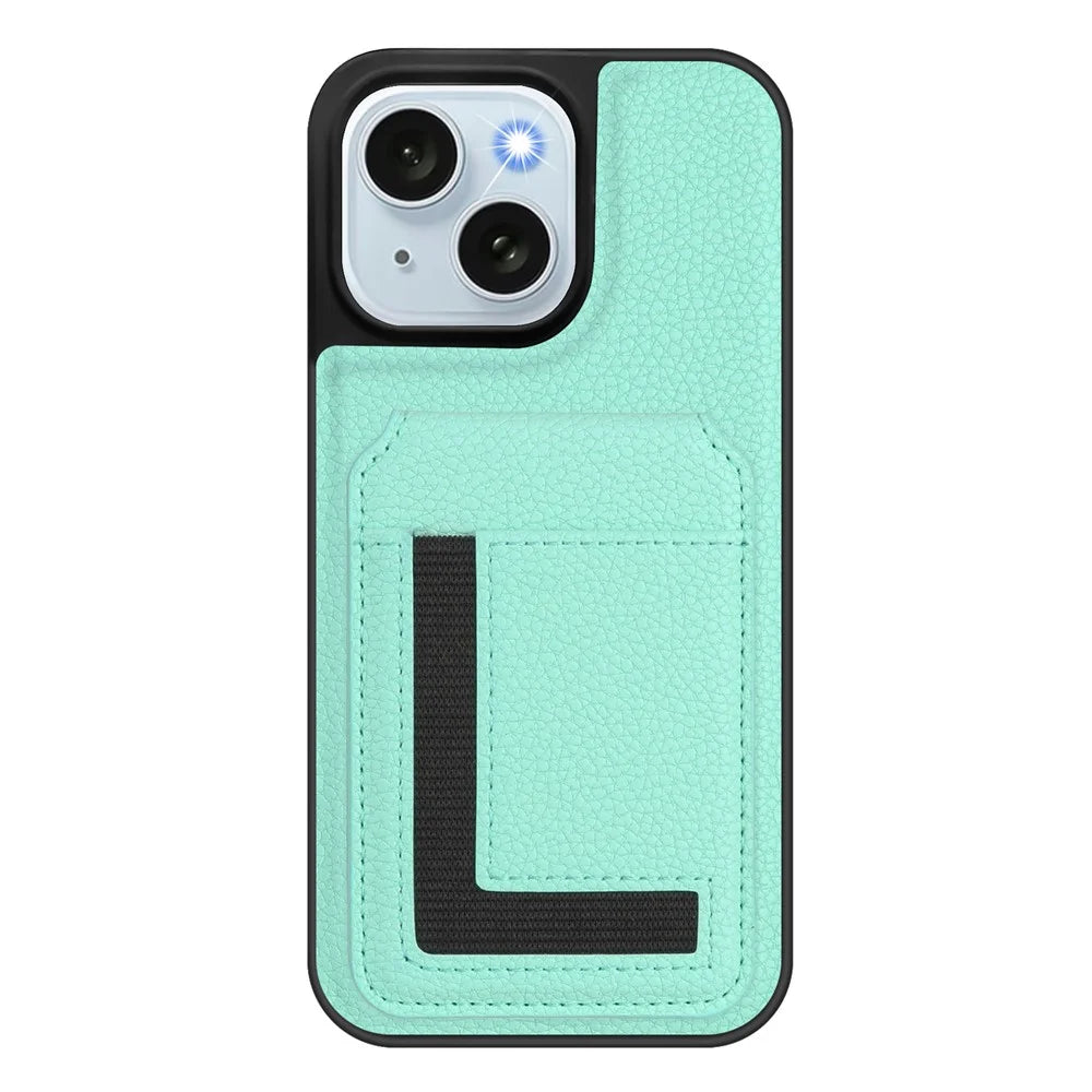 For iPhone 15 Plus Magnetic Case TPU + PU Leather Phone Back Cover with Detachable Card Holder - Mint Green - 1