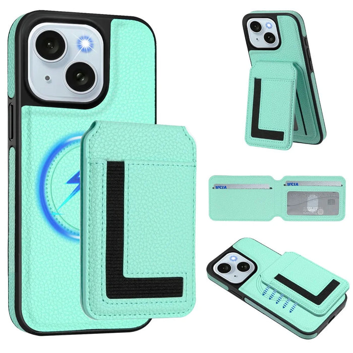 For iPhone 15 Plus Magnetic Case TPU + PU Leather Phone Back Cover with Detachable Card Holder - Mint Green - 2
