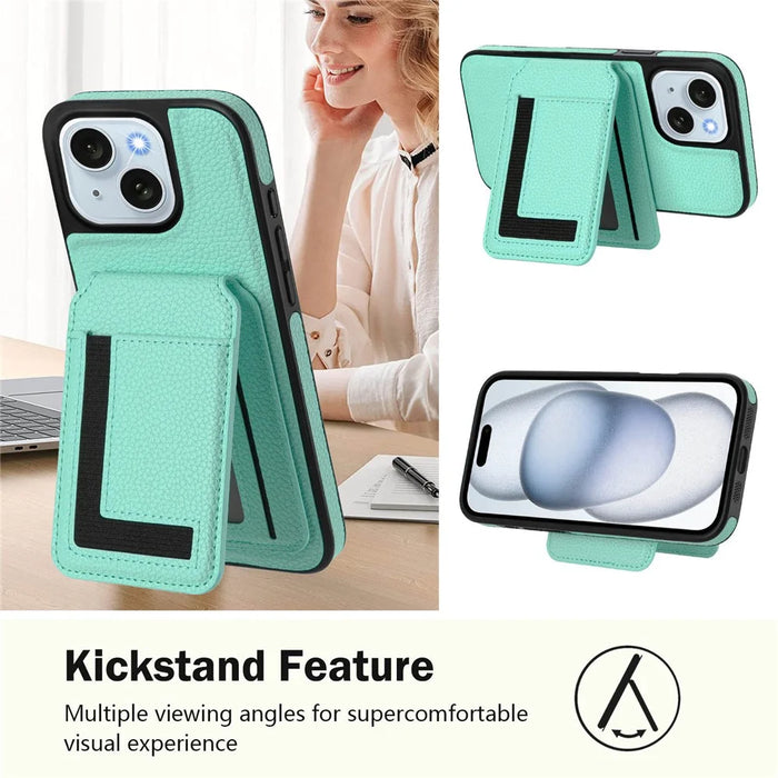 For iPhone 15 Plus Magnetic Case TPU + PU Leather Phone Back Cover with Detachable Card Holder - Mint Green - 4