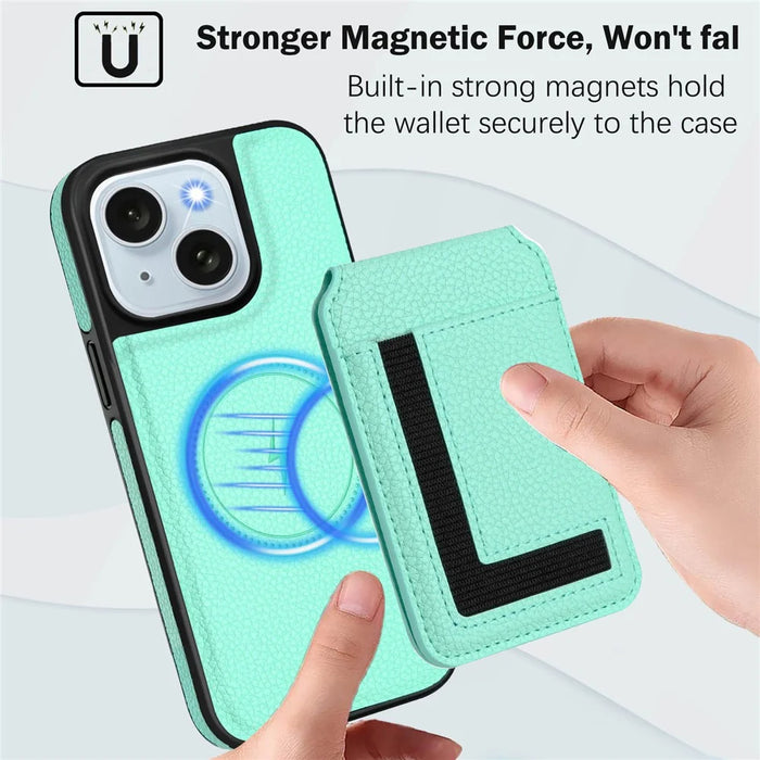For iPhone 15 Plus Magnetic Case TPU + PU Leather Phone Back Cover with Detachable Card Holder - Mint Green - 5