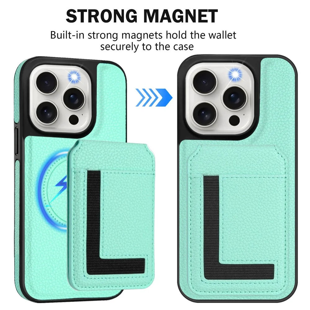 For iPhone 15 Pro Magnetic Case TPU + PU Leather Phone Back Cover with Detachable Card Holder - Mint Green - 3