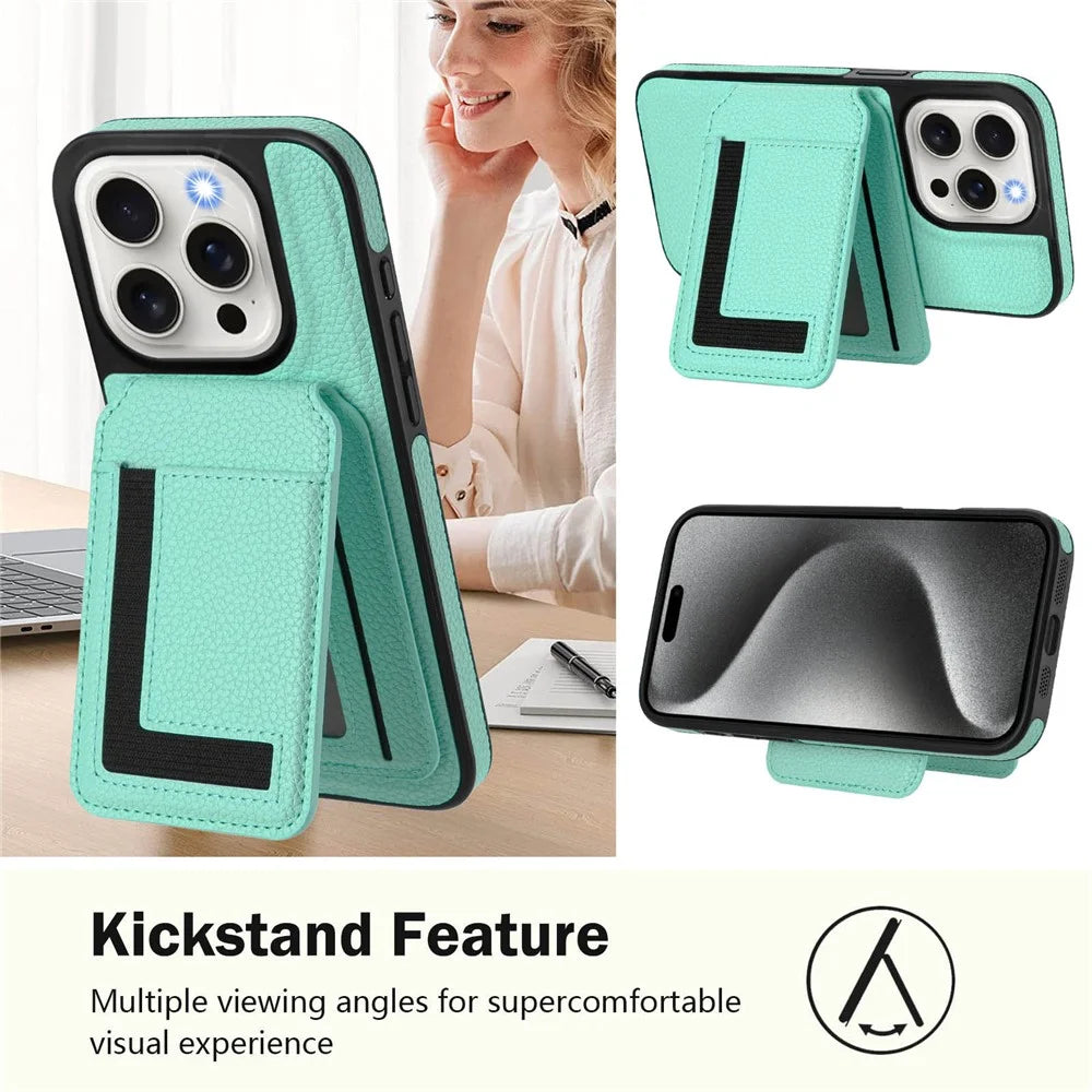 For iPhone 15 Pro Magnetic Case TPU + PU Leather Phone Back Cover with Detachable Card Holder - Mint Green - 4