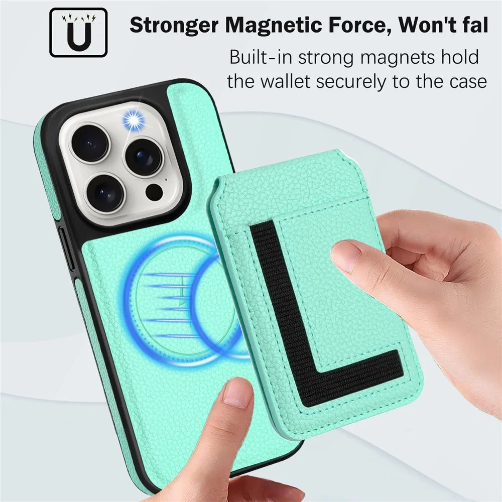 For iPhone 15 Pro Magnetic Case TPU + PU Leather Phone Back Cover with Detachable Card Holder - Mint Green - 5