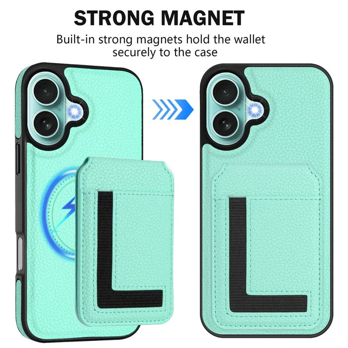 For iPhone 16 Plus Magnetic Case TPU + PU Leather Phone Back Cover with Detachable Card Holder - Mint Green - 3