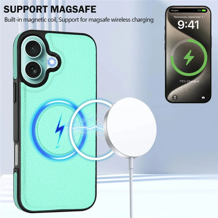 For iPhone 16 Plus Magnetic Case TPU + PU Leather Phone Back Cover with Detachable Card Holder - Mint Green - 6