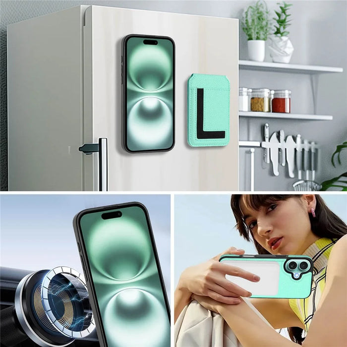 For iPhone 16 Plus Magnetic Case TPU + PU Leather Phone Back Cover with Detachable Card Holder - Mint Green - 7
