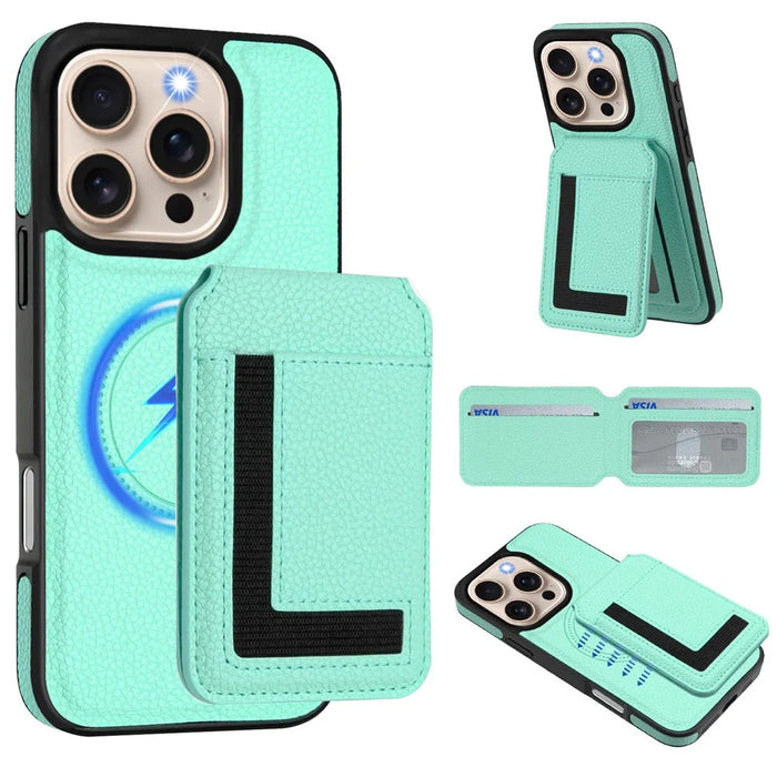 For iPhone 16 Pro Max Magnetic Case TPU + PU Leather Phone Back Cover with Detachable Card Holder - Mint Green - 2
