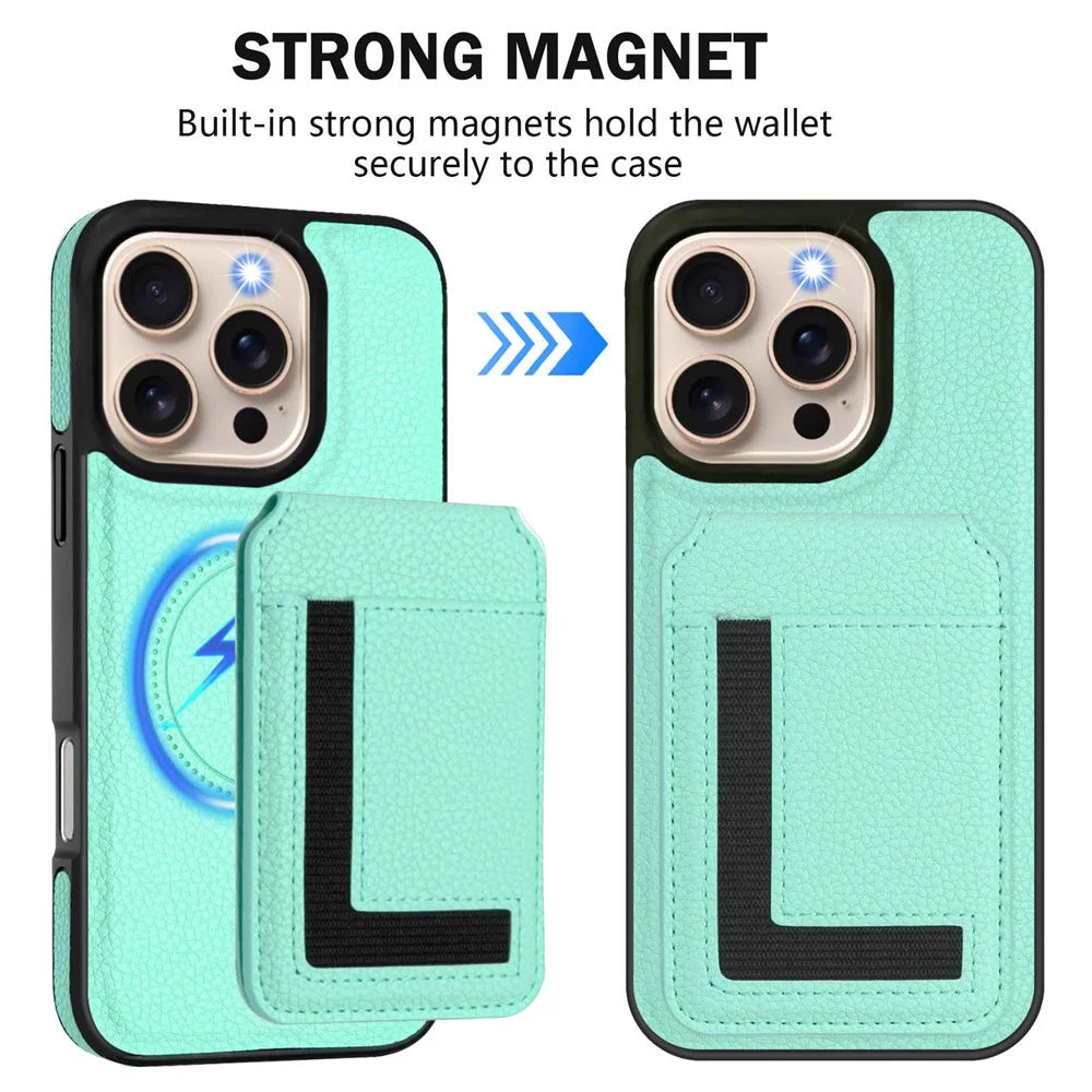 For iPhone 16 Pro Max Magnetic Case TPU + PU Leather Phone Back Cover with Detachable Card Holder - Mint Green - 3