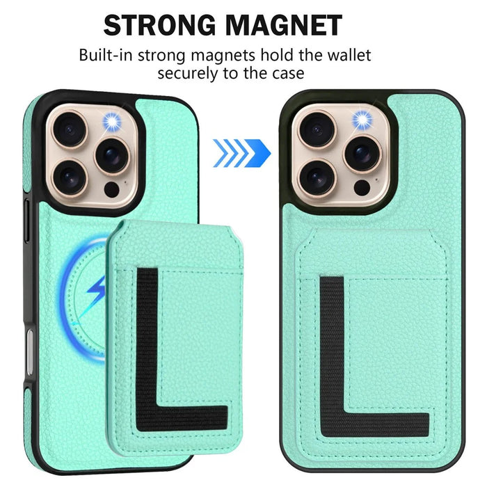 For iPhone 16 Pro Max Magnetic Case TPU + PU Leather Phone Back Cover with Detachable Card Holder - Mint Green - 3