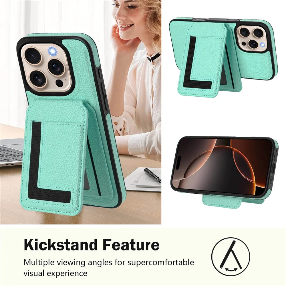 For iPhone 16 Pro Max Magnetic Case TPU + PU Leather Phone Back Cover with Detachable Card Holder - Mint Green - 4