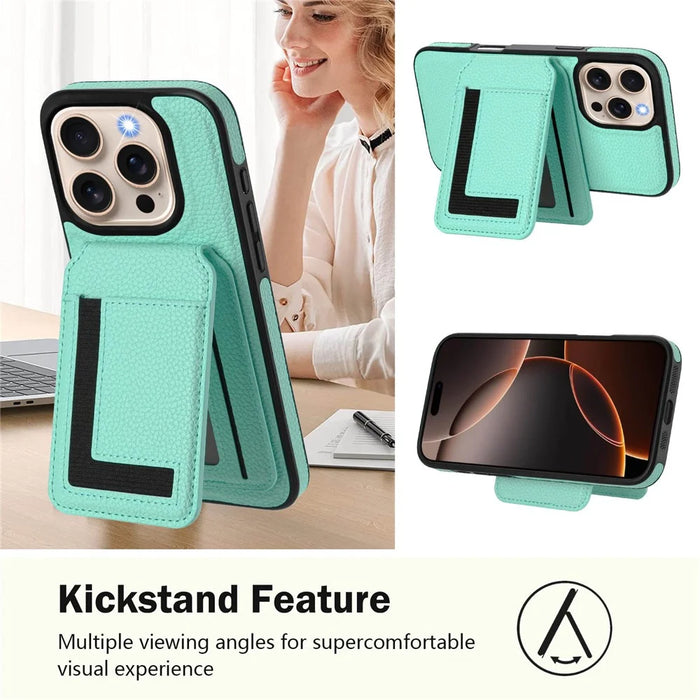For iPhone 16 Pro Max Magnetic Case TPU + PU Leather Phone Back Cover with Detachable Card Holder - Mint Green - 4