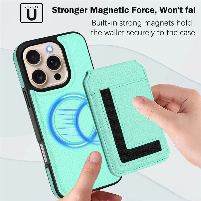 For iPhone 16 Pro Max Magnetic Case TPU + PU Leather Phone Back Cover with Detachable Card Holder - Mint Green - 5