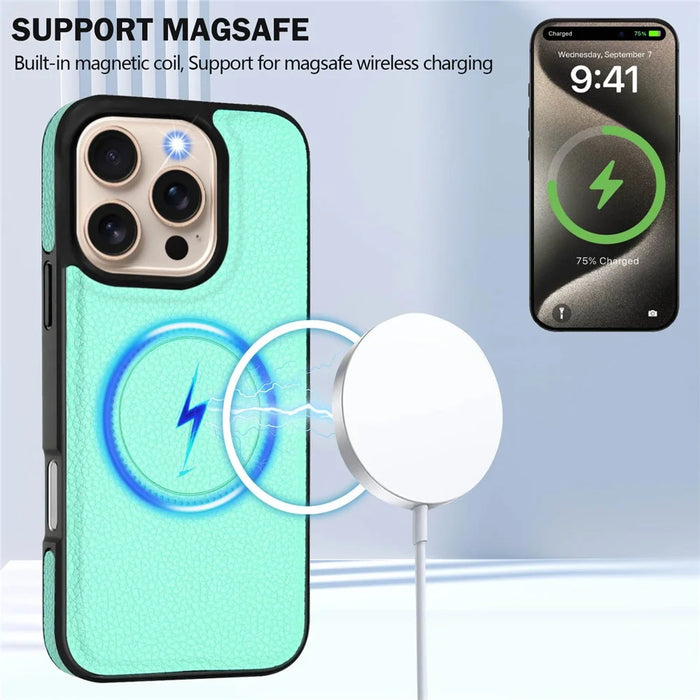For iPhone 16 Pro Max Magnetic Case TPU + PU Leather Phone Back Cover with Detachable Card Holder - Mint Green - 6