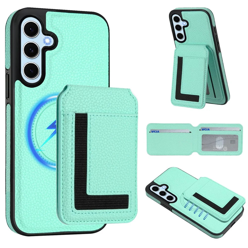 For Samsung Galaxy S24 Magnetic Case TPU + PU Leather Phone Back Cover with Detachable Card Holder - Mint Green - 2