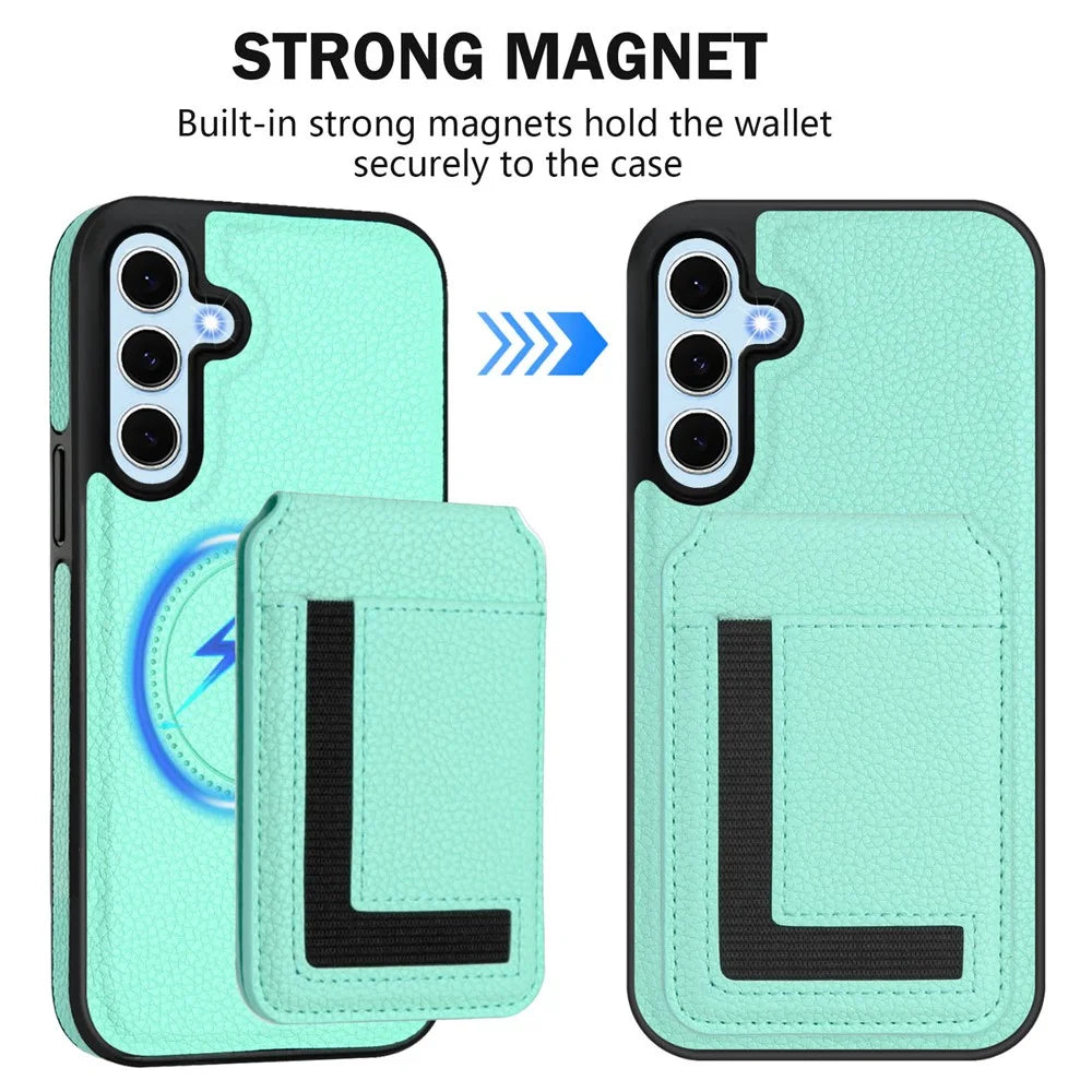 For Samsung Galaxy S24 Magnetic Case TPU + PU Leather Phone Back Cover with Detachable Card Holder - Mint Green - 3