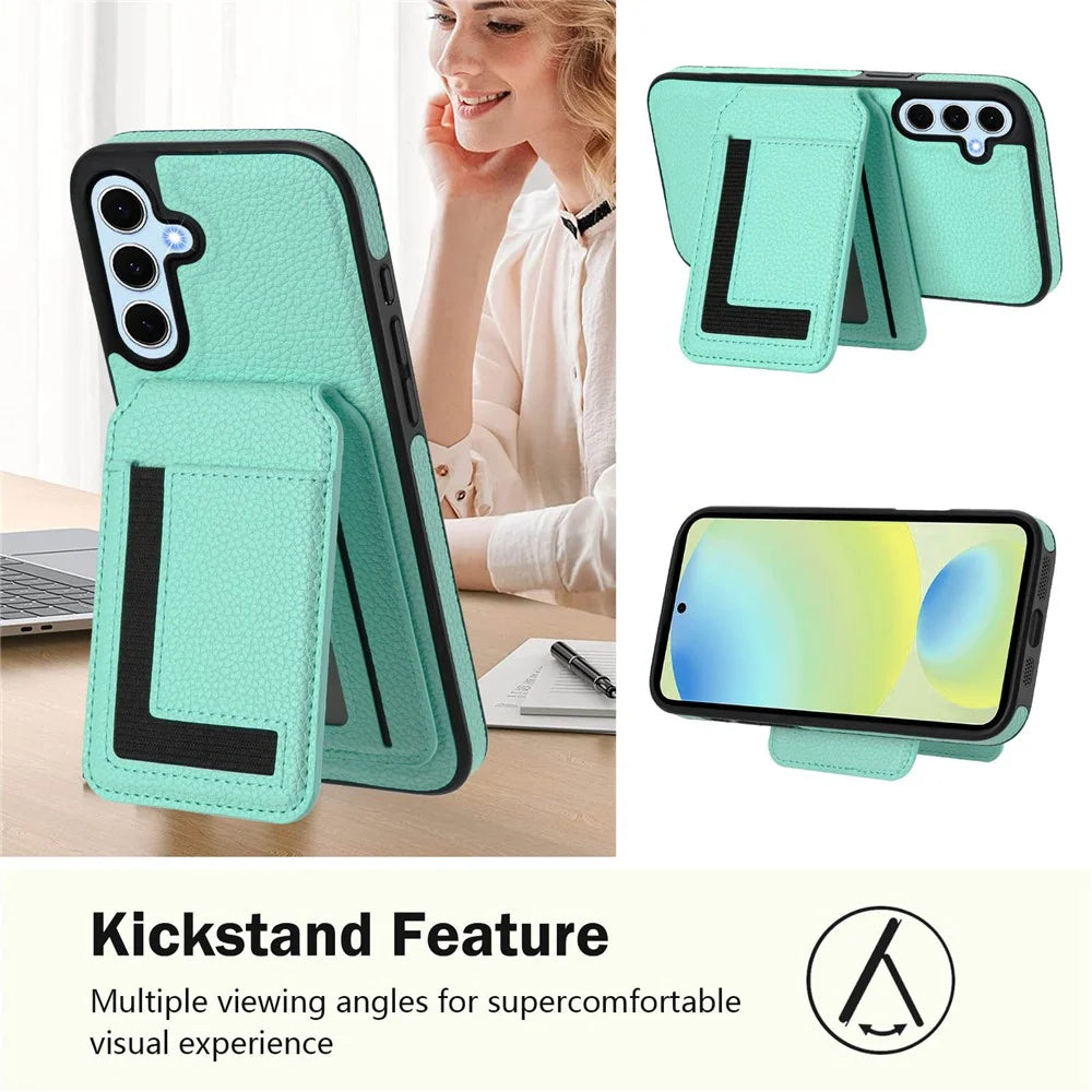 For Samsung Galaxy S24 Magnetic Case TPU + PU Leather Phone Back Cover with Detachable Card Holder - Mint Green - 4