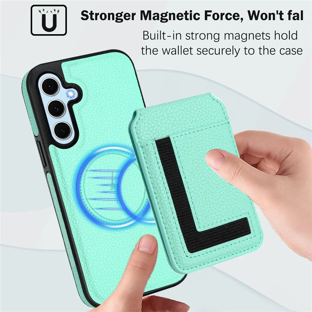 For Samsung Galaxy S24 Magnetic Case TPU + PU Leather Phone Back Cover with Detachable Card Holder - Mint Green - 5