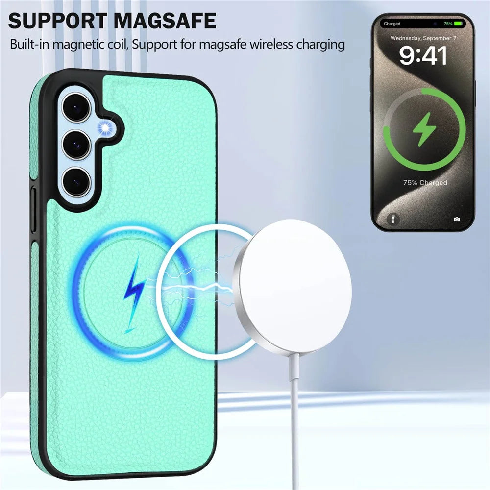 For Samsung Galaxy S24 Magnetic Case TPU + PU Leather Phone Back Cover with Detachable Card Holder - Mint Green - 6