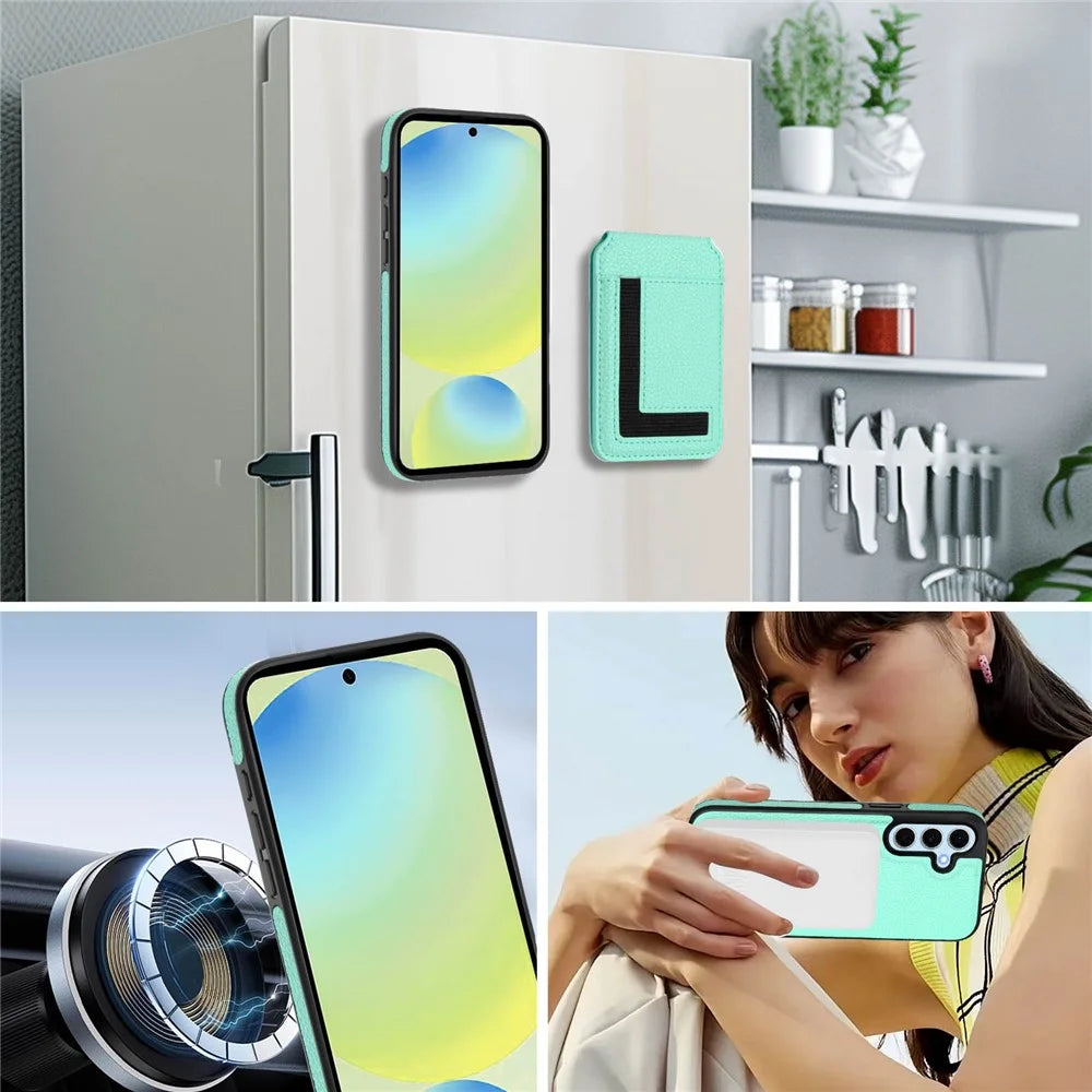 For Samsung Galaxy S24 Magnetic Case TPU + PU Leather Phone Back Cover with Detachable Card Holder - Mint Green - 7
