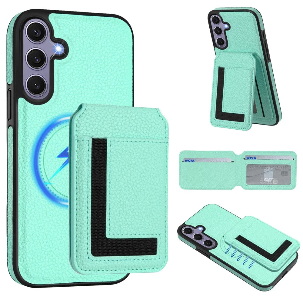 For Samsung Galaxy S25+ Magnetic Case TPU + PU Leather Phone Back Cover with Detachable Card Holder - Mint Green - 2