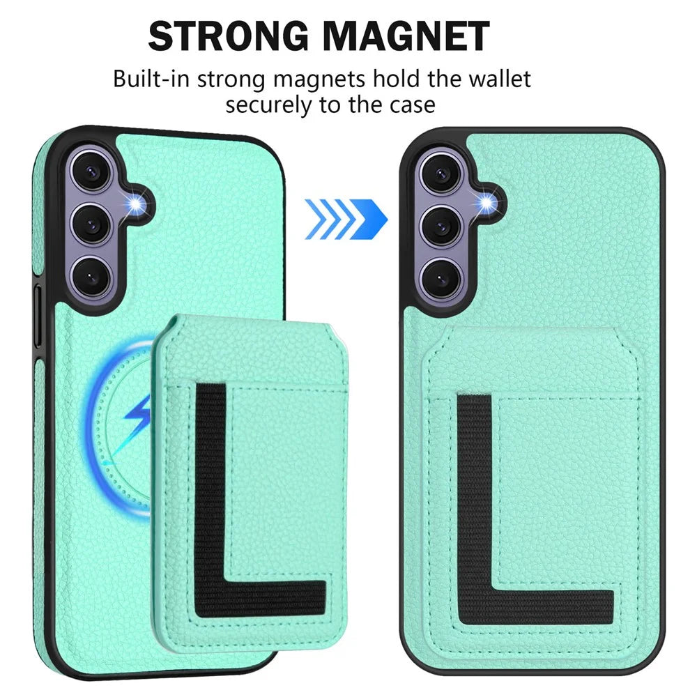 For Samsung Galaxy S25+ Magnetic Case TPU + PU Leather Phone Back Cover with Detachable Card Holder - Mint Green - 3