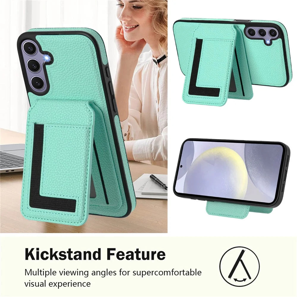 For Samsung Galaxy S25+ Magnetic Case TPU + PU Leather Phone Back Cover with Detachable Card Holder - Mint Green - 4