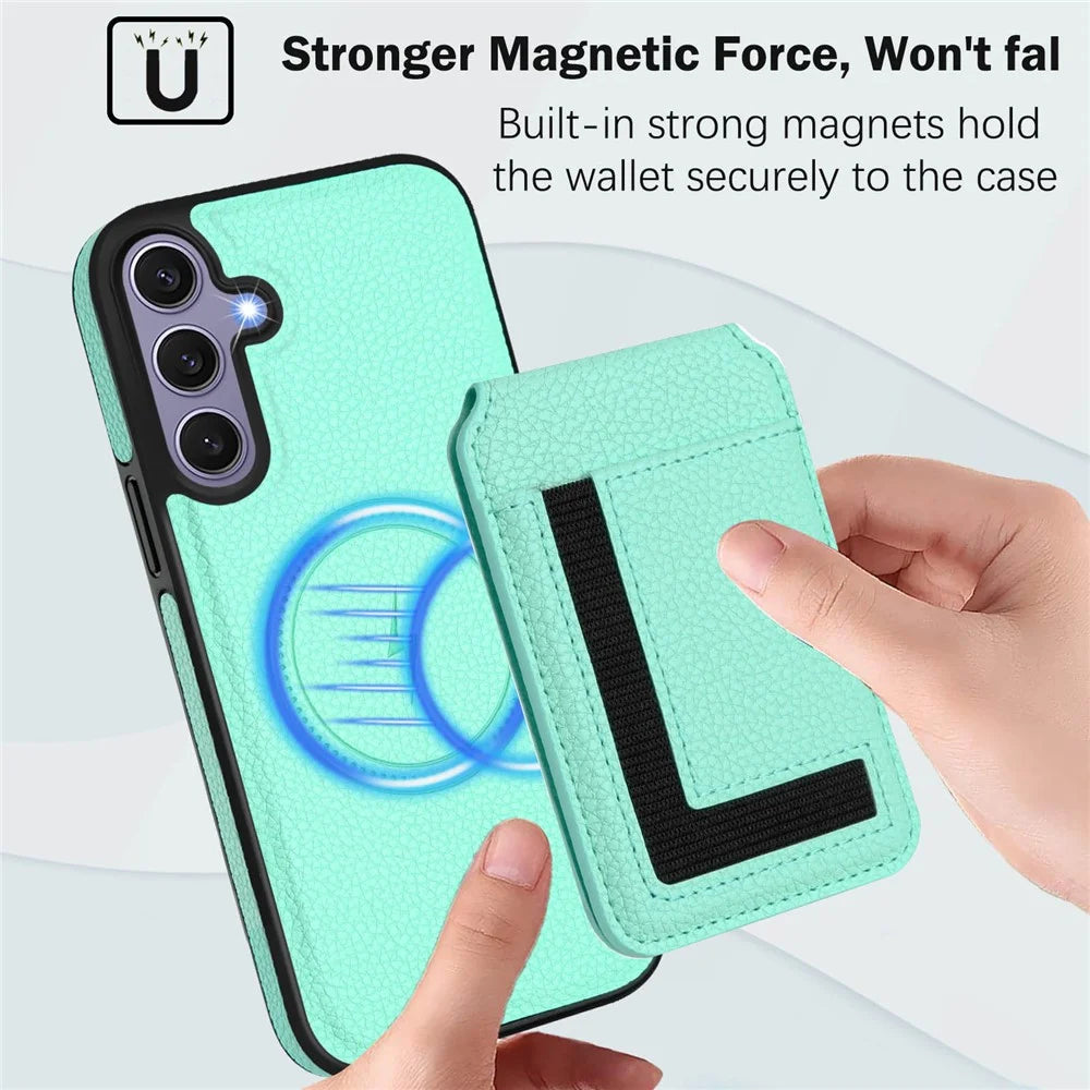 For Samsung Galaxy S25+ Magnetic Case TPU + PU Leather Phone Back Cover with Detachable Card Holder - Mint Green - 5
