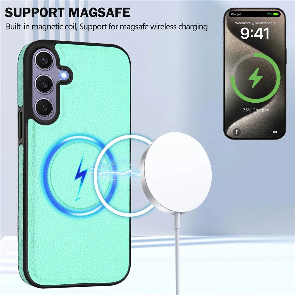 For Samsung Galaxy S25+ Magnetic Case TPU + PU Leather Phone Back Cover with Detachable Card Holder - Mint Green - 6