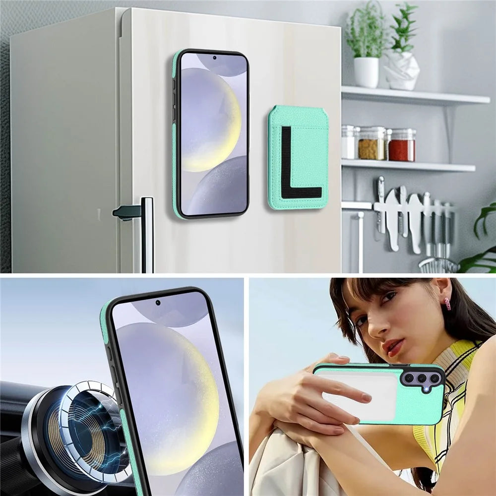 For Samsung Galaxy S25+ Magnetic Case TPU + PU Leather Phone Back Cover with Detachable Card Holder - Mint Green - 7