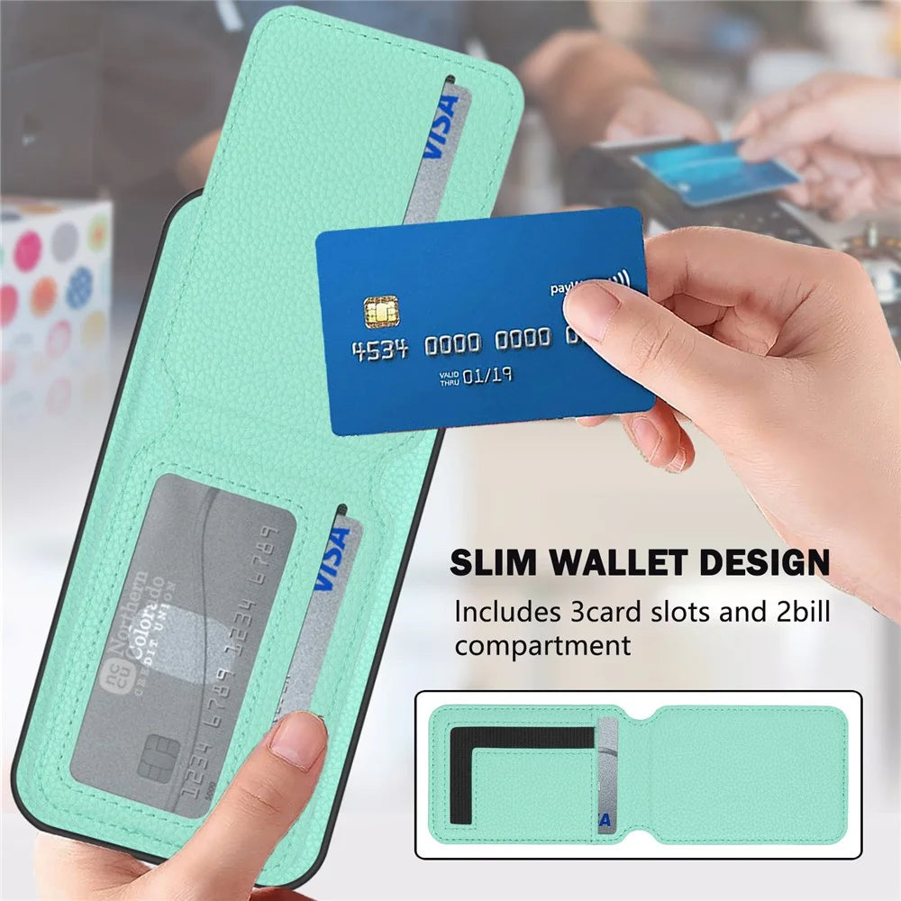 For Samsung Galaxy S25 Magnetic Case TPU + PU Leather Phone Back Cover with Detachable Card Holder - Mint Green - 6