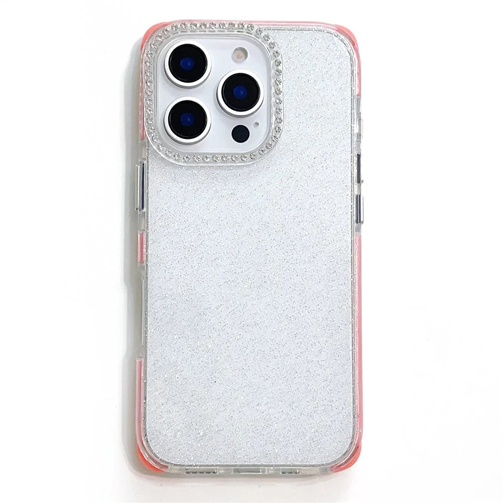 For iPhone 16 Pro Case Rhinestone Decor Glitter TPU Anti Drop Phone Cover - Pink - 1