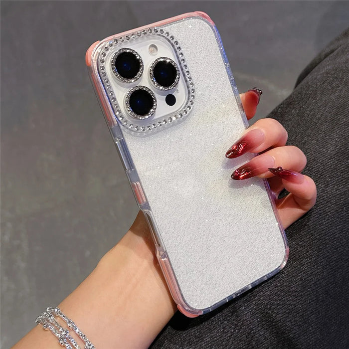 For iPhone 16 Pro Case Rhinestone Decor Glitter TPU Anti Drop Phone Cover - Pink - 2