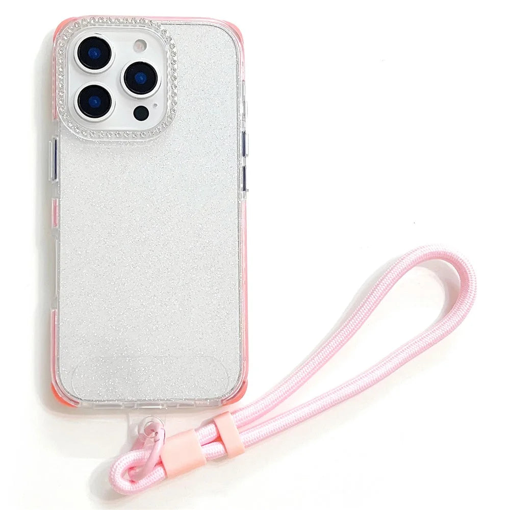 For iPhone 16 Pro Case Rhinestone Decor Glitter TPU Anti Drop Phone Cover with Adjustable Wrist Strap - Pink - 1