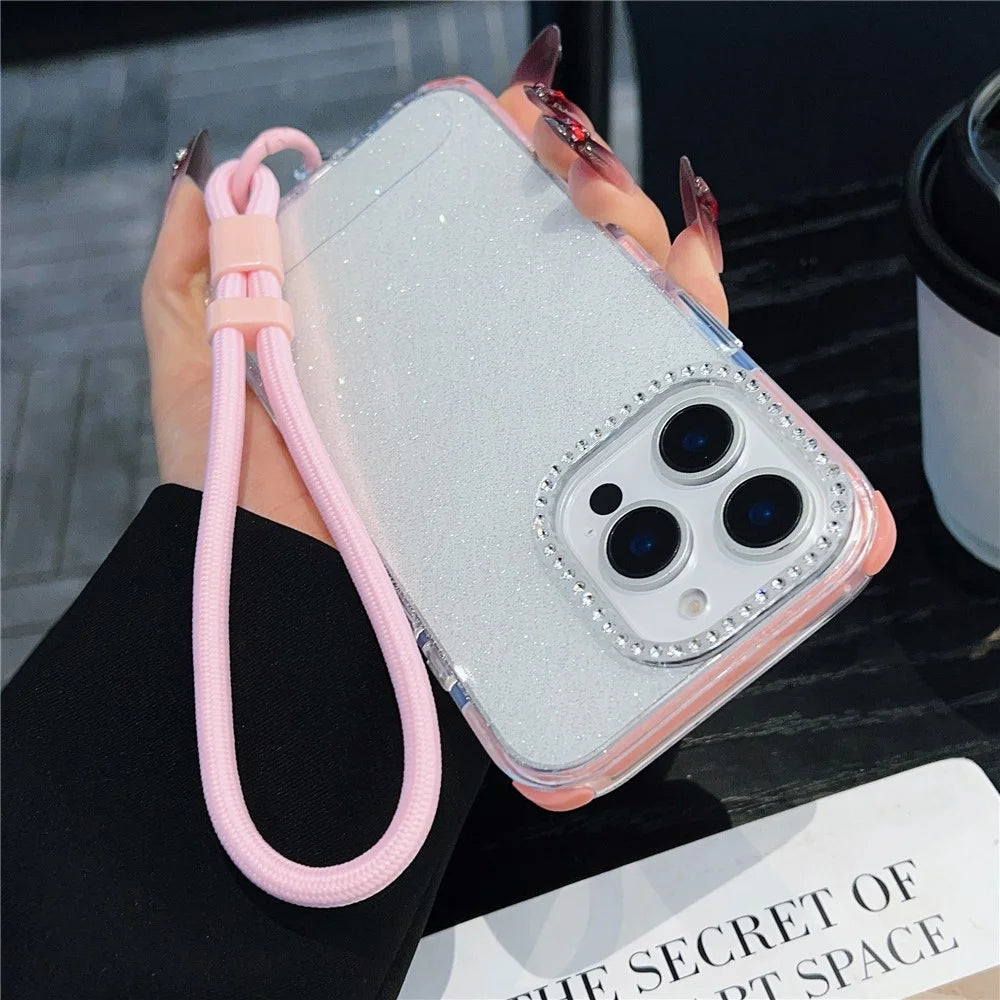 For iPhone 16 Pro Case Rhinestone Decor Glitter TPU Anti Drop Phone Cover with Adjustable Wrist Strap - Pink - 2