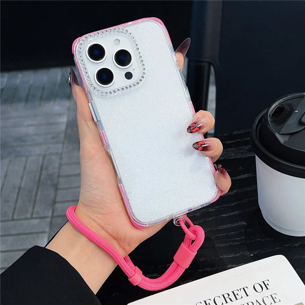 For iPhone 16 Pro Case Rhinestone Decor Glitter TPU Anti Drop Phone Cover with Adjustable Wrist Strap - Pink - 5