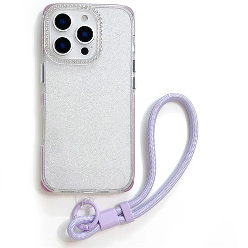 For iPhone 16 Pro Max Case Rhinestone Decor Glitter TPU Anti Drop Phone Cover with Adjustable Wrist Strap - Purple - Purple - 1