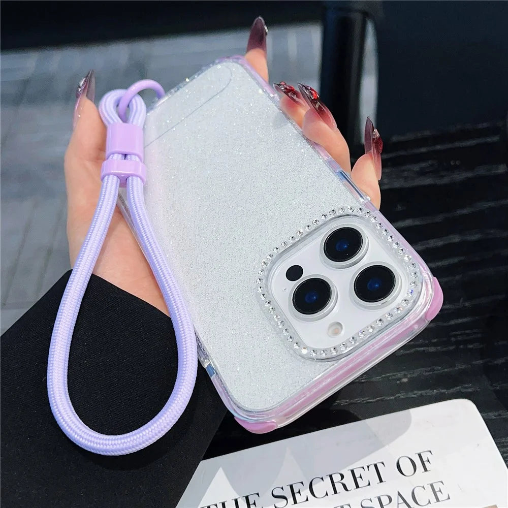 For iPhone 16 Pro Max Case Rhinestone Decor Glitter TPU Anti Drop Phone Cover with Adjustable Wrist Strap - Purple - Purple - 2