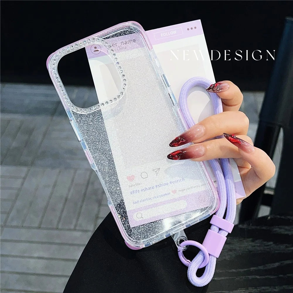 For iPhone 16 Pro Max Case Rhinestone Decor Glitter TPU Anti Drop Phone Cover with Adjustable Wrist Strap - Purple - Purple - 3