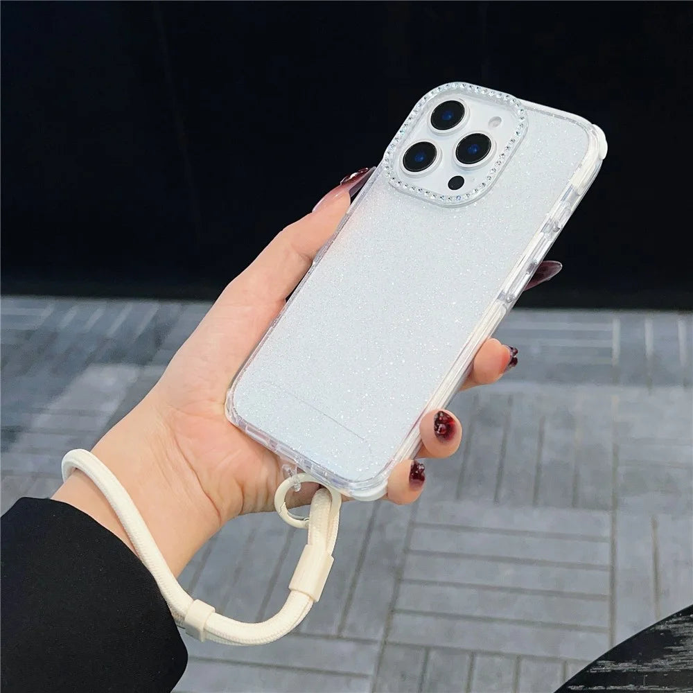 For iPhone 16 Pro Max Case Rhinestone Decor Glitter TPU Anti Drop Phone Cover with Adjustable Wrist Strap - Purple - Purple - 6