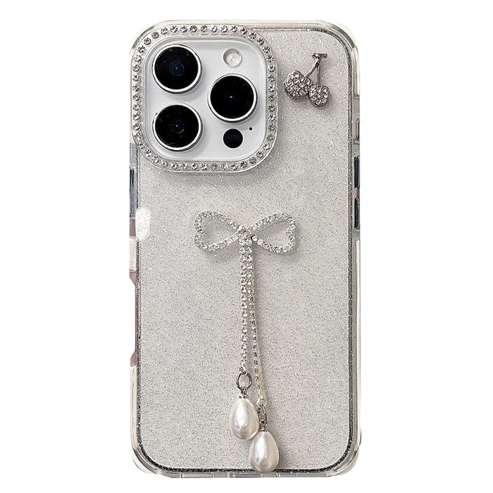 For iPhone 16 Pro Case Rhinestone Decor Glitter TPU Phone Cover with Bow Tassel - White - 1
