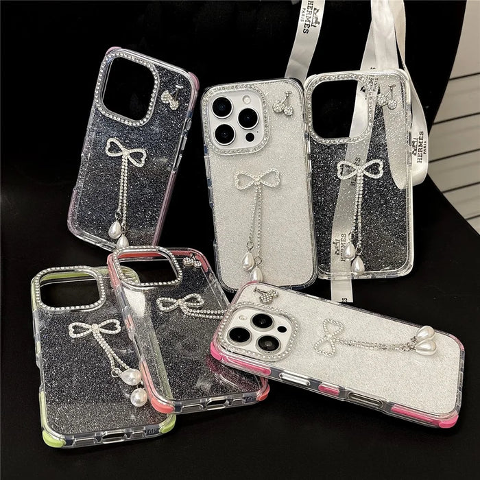 For iPhone 16 Pro Case Rhinestone Decor Glitter TPU Phone Cover with Bow Tassel - White - 6