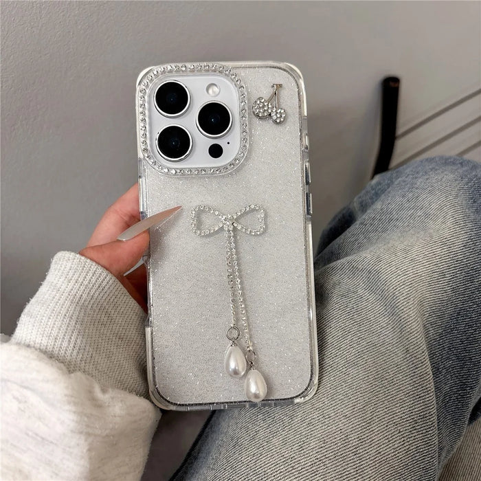 For iPhone 16 Pro Max Case Rhinestone Decor Glitter TPU Phone Cover with Bow Tassel - White - 2