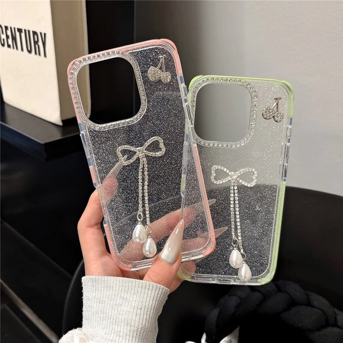 For iPhone 16 Pro Max Case Rhinestone Decor Glitter TPU Phone Cover with Bow Tassel - White - 3
