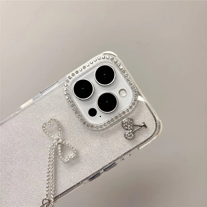 For iPhone 16 Pro Max Case Rhinestone Decor Glitter TPU Phone Cover with Bow Tassel - White - 5