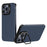 For iPhone 15 Pro Magnetic Case Lens Frame Kickstand Genuine Cow Leather + PC Borderless Phone Cover - Blue - 1