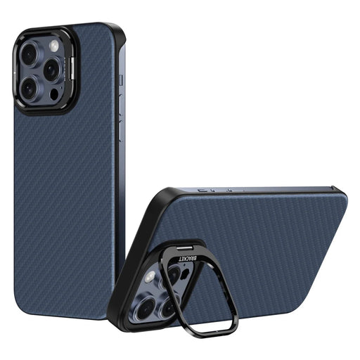 For iPhone 15 Pro Magnetic Case Lens Frame Kickstand Genuine Cow Leather + PC Borderless Phone Cover - Blue - 1