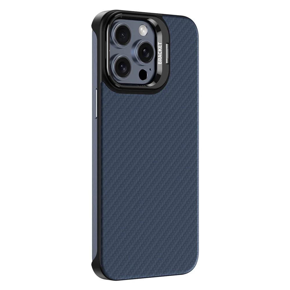 For iPhone 15 Pro Magnetic Case Lens Frame Kickstand Genuine Cow Leather + PC Borderless Phone Cover - Blue - 2