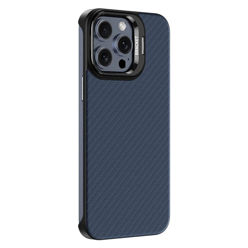 For iPhone 15 Pro Magnetic Case Lens Frame Kickstand Genuine Cow Leather + PC Borderless Phone Cover - Blue - 2