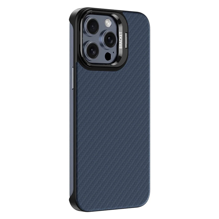 For iPhone 15 Pro Magnetic Case Lens Frame Kickstand Genuine Cow Leather + PC Borderless Phone Cover - Blue - 2